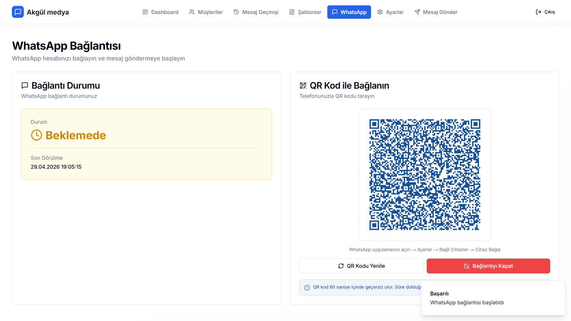 YorumUp WhatsApp bağlantısı ekranı
